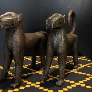 Pair bronze standing leopards with circles